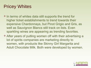 Pricey Whites
 In terms of whites data still supports the trend for
higher ticket establishments to trend towards their
e...