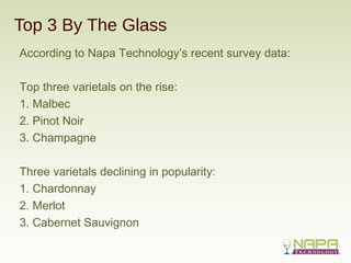Top 3 By The Glass
According to Napa Technology’s recent survey data:
Top three varietals on the rise:
1. Malbec
2. Pinot ...
