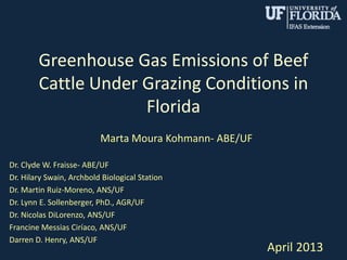 Greenhouse Gas Emissions of Beef
Cattle Under Grazing Conditions in
Florida
Marta Moura Kohmann- ABE/UF
Dr. Clyde W. Fraisse- ABE/UF
Dr. Hilary Swain, Archbold Biological Station
Dr. Martin Ruiz-Moreno, ANS/UF
Dr. Lynn E. Sollenberger, PhD., AGR/UF
Dr. Nicolas DiLorenzo, ANS/UF
Francine Messias Ciríaco, ANS/UF
Darren D. Henry, ANS/UF
April 2013
 