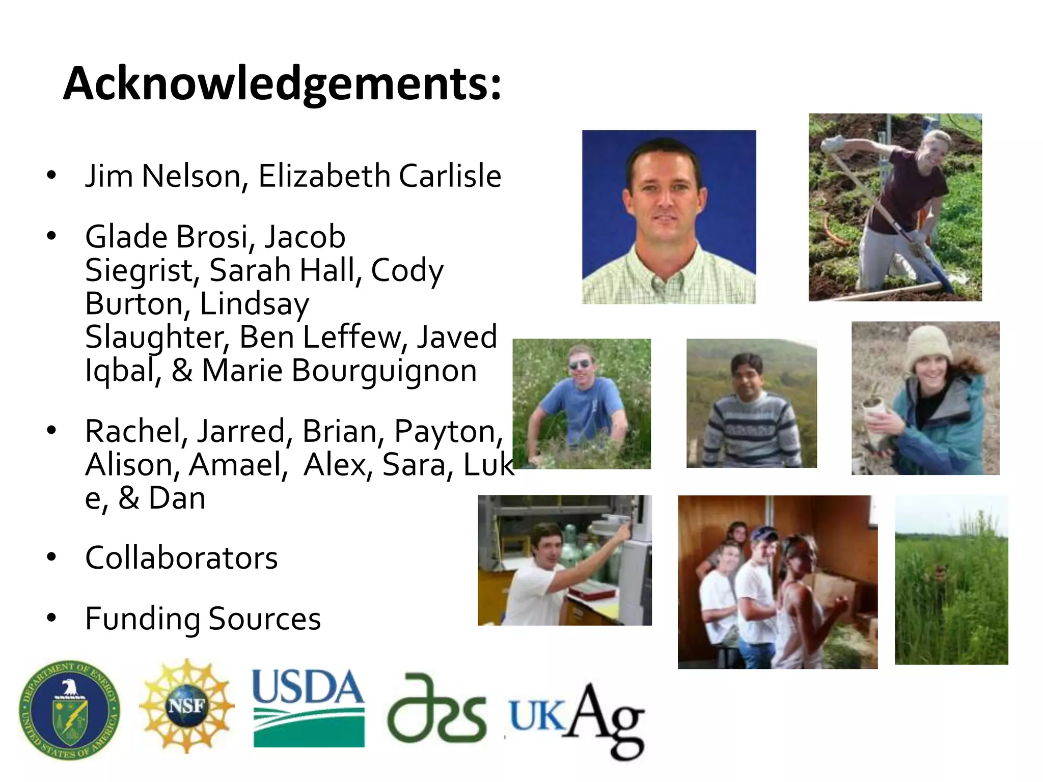 Acknowledgements:
• Jim Nelson, Elizabeth Carlisle
• Glade Brosi, Jacob
Siegrist, Sarah Hall, Cody
Burton, Lindsay
Slaughter, Ben Leffew, Javed
Iqbal, & Marie Bourguignon
• Rachel, Jarred, Brian, Payton,
Alison, Amael, Alex, Sara, Luk
e, & Dan
• Collaborators
• Funding Sources
 