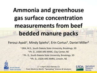 South Dakota
State University
1 – 4 April 2013 Denver, Co
From Waste to Worth: “Spreading” Science & Solutions
Ammonia and greenhouse
gas surface concentration
measurements from beef
bedded manure packs
Ferouz Ayadi1, Mindy Spiehs2, Erin Cortus3, Daniel Miller4
1 GRA, M.S., South Dakota State University, Brookings, SD
2 Ph. D., USDA‐ARS MARC, Clay Center, NE
3 Ph. D., South Dakota State University, Brookings, SD
4 Ph. D., USDA-ARS AMRU, Lincoln, NE
 