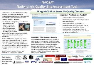 Using NAQSAT to Assess Air Quality Concerns
Important Points About NAQSAT
• Available online at no cost to the user
• User friendly and may be run on any computer
with internet access
• All inputs and results are confidential
• Home page contains a user’s manual, helpful
links, and a video to introduce the tool
• May be used to assess management of air
emissions on swine, dairy, beef, broiler chicken,
laying hen, or turkey farms
The National Air Quality Site Assessment Tool
(NAQSAT) was developed for livestock
producers and their advisors who are interested
in investigating opportunities to reduce air
emissions from their operation.
The online tool is designed to provide farmers
and their advisors air
emissions information
explicitly for their farm
in a confidential setting.
The tool may be run from
any computer with internet
access. All information entered into NAQSAT
and the corresponding results remain
confidential.
Users of NAQSAT may respond to questions
under each of eight management categories.
Based upon the responses to previously
answered questions, the program determines
what additional questions need to be answered
so only questions pertaining to the operation
are asked.
NAQSAT sessions are saved on the host
computer for a minimum of 30 days.
NAQSAT’s Effectiveness Results
The tool addresses seven emissions of concern in
eight management categories. Within the results
page the green area in each rectangle indicates the
expected effectiveness of current management
practices, while the white area indicates the
opportunity for improvement. Additional scenarios
may be run to measure the impact of improved
practices. NAQSAT does not indicate any emission
rates or totals for the farm.
NAQSAT
National Air Quality Site Assessment Tool
Contributing
partners to the
development of
NAQSAT:
Beth Stuever, MSU ANR
Authors: G. May, Michigan State Univ. Ext., S. Archibeque, Colorado State Univ.
 