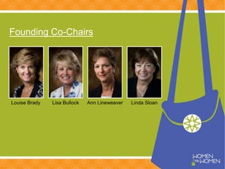 Founding Co-Chairs
Louise Brady Lisa Bullock Ann Lineweaver Linda Sloan
 