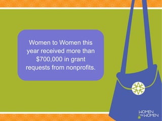 Women to Women this
year received more than
$700,000 in grant
requests from nonprofits.
 