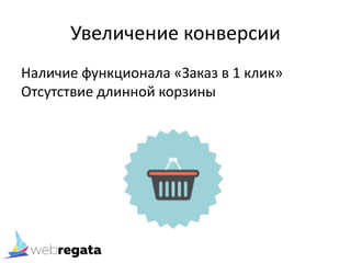 Увеличение конверсии
Наличие функционала «Заказ в 1 клик»
Отсутствие длинной корзины
 