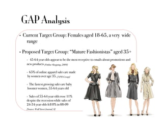 GAP Analysis
•    Current Target Group: Females aged 18-65, a very wide
      !range"

•  Proposed Target Group: “Mature Fashionistas” aged 35+"

      !- 45-64 year olds appear to be the most receptive to emails about promotions and
      !new products [Online Shopping, 2009]!

      !- 65% of online apparel sales are made"
      ! by women over age 35, [NPD Group]!

      !- The fastest growing sales are baby"
      ! boomer women, 55-64 years old "

      !- Sales of 55-64 year olds rose 11% "
      !despite the recession while sales of "
      !24-34 year olds fell 8% in 08-09"
      "[Source: Wall Street Journal, 8]!
 