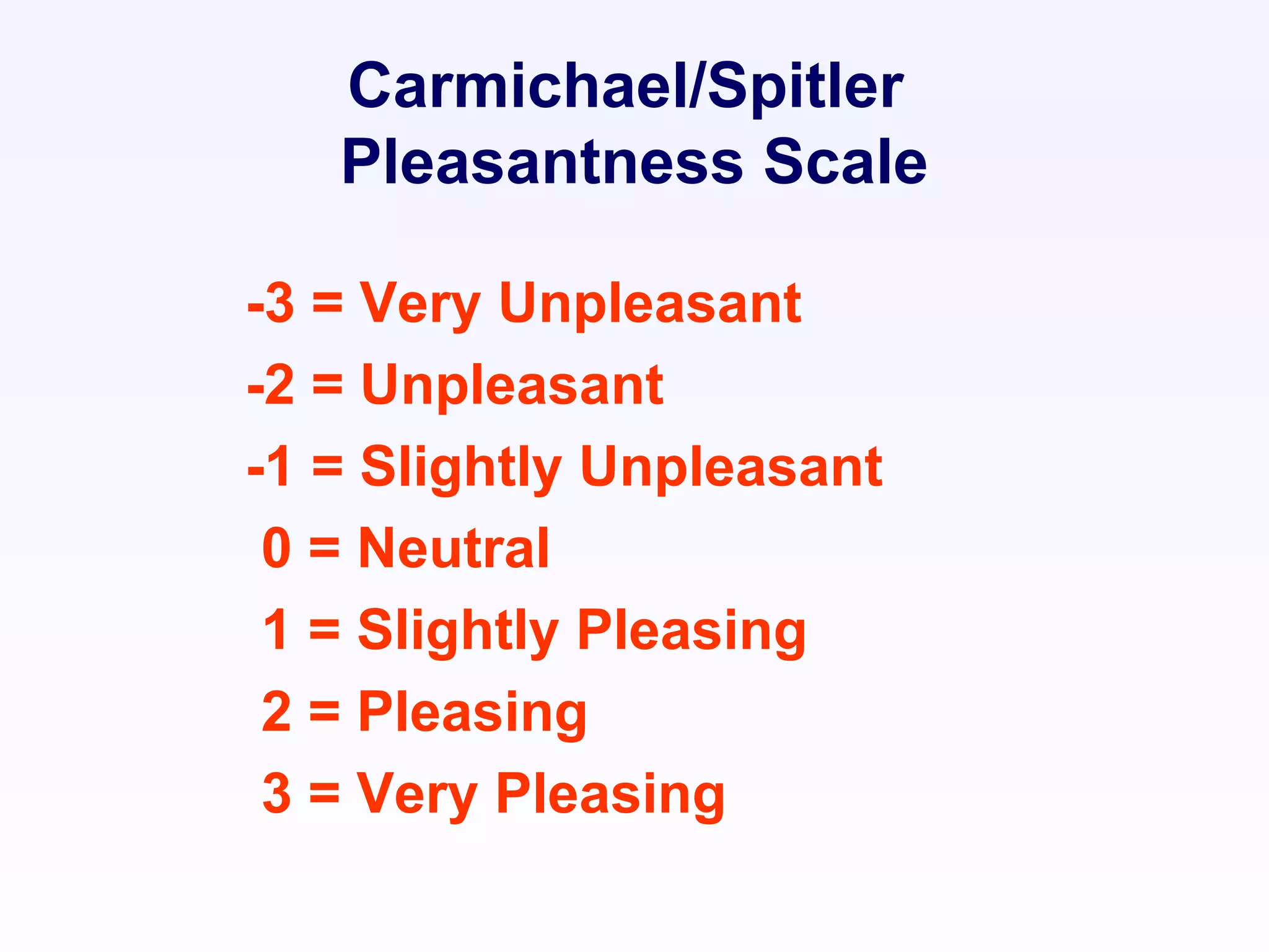 Carmichael/Spitler
Pleasantness Scale
-3 = Very Unpleasant
-2 = Unpleasant
-1 = Slightly Unpleasant
0 = Neutral
1 = Slightly Pleasing
2 = Pleasing
3 = Very Pleasing
 