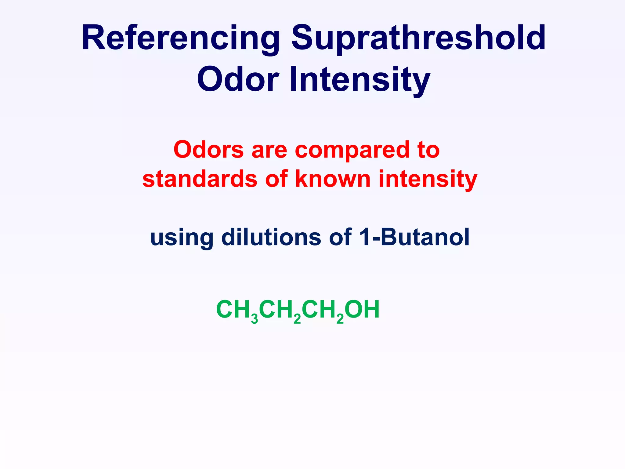 Odors are compared to
standards of known intensity
using dilutions of 1-Butanol
CH3CH2CH2OH
Referencing Suprathreshold
Odor Intensity
 