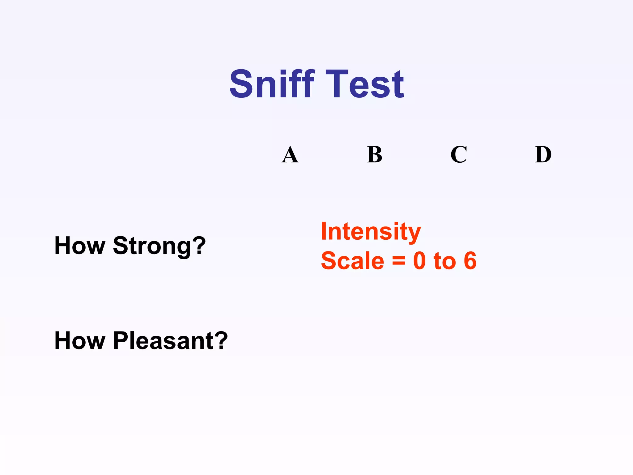 Sniff Test
A B C D
How Strong?
How Pleasant?
Intensity
Scale = 0 to 6
 