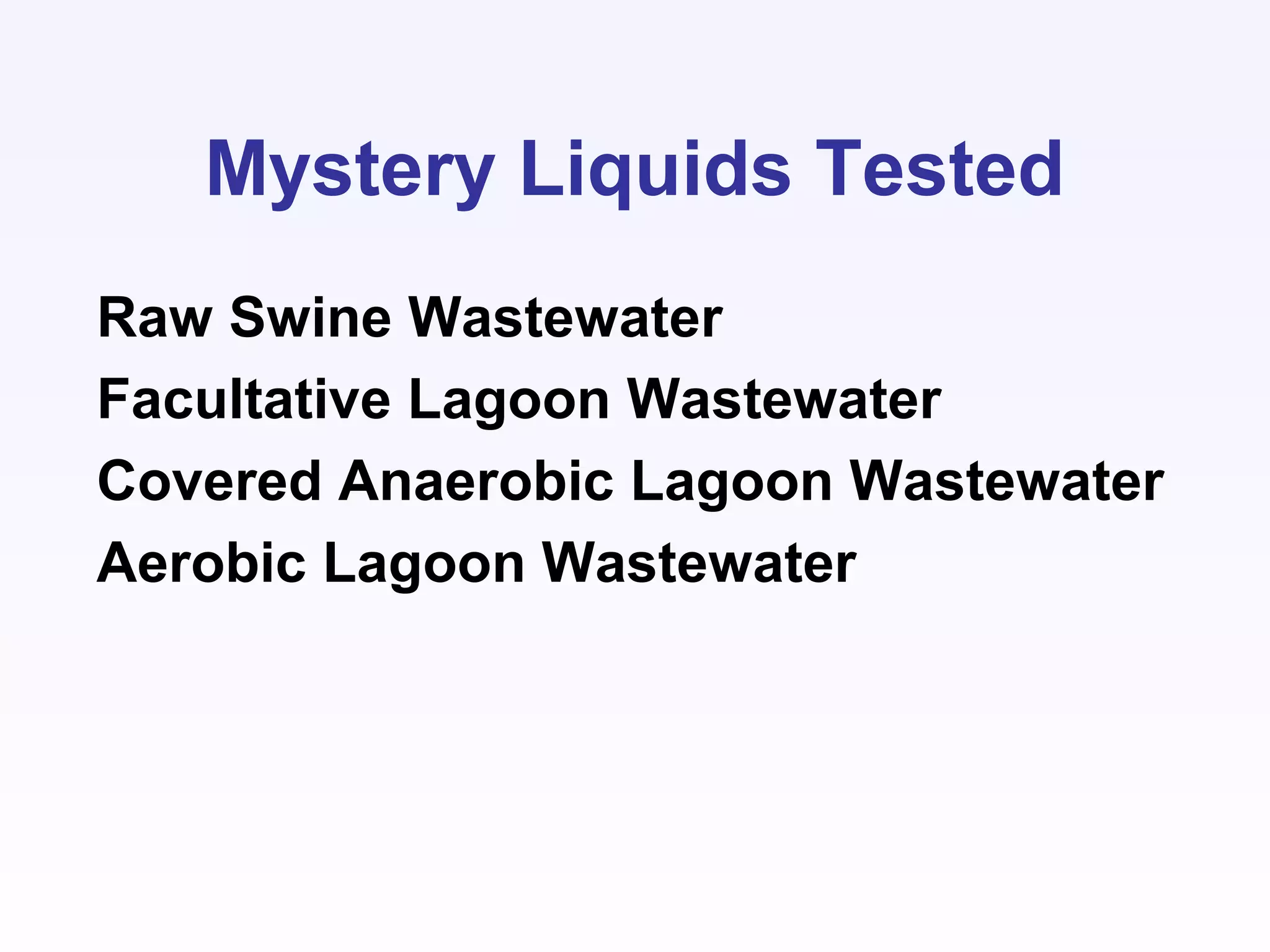 Mystery Liquids Tested
Raw Swine Wastewater
Facultative Lagoon Wastewater
Covered Anaerobic Lagoon Wastewater
Aerobic Lagoon Wastewater
 