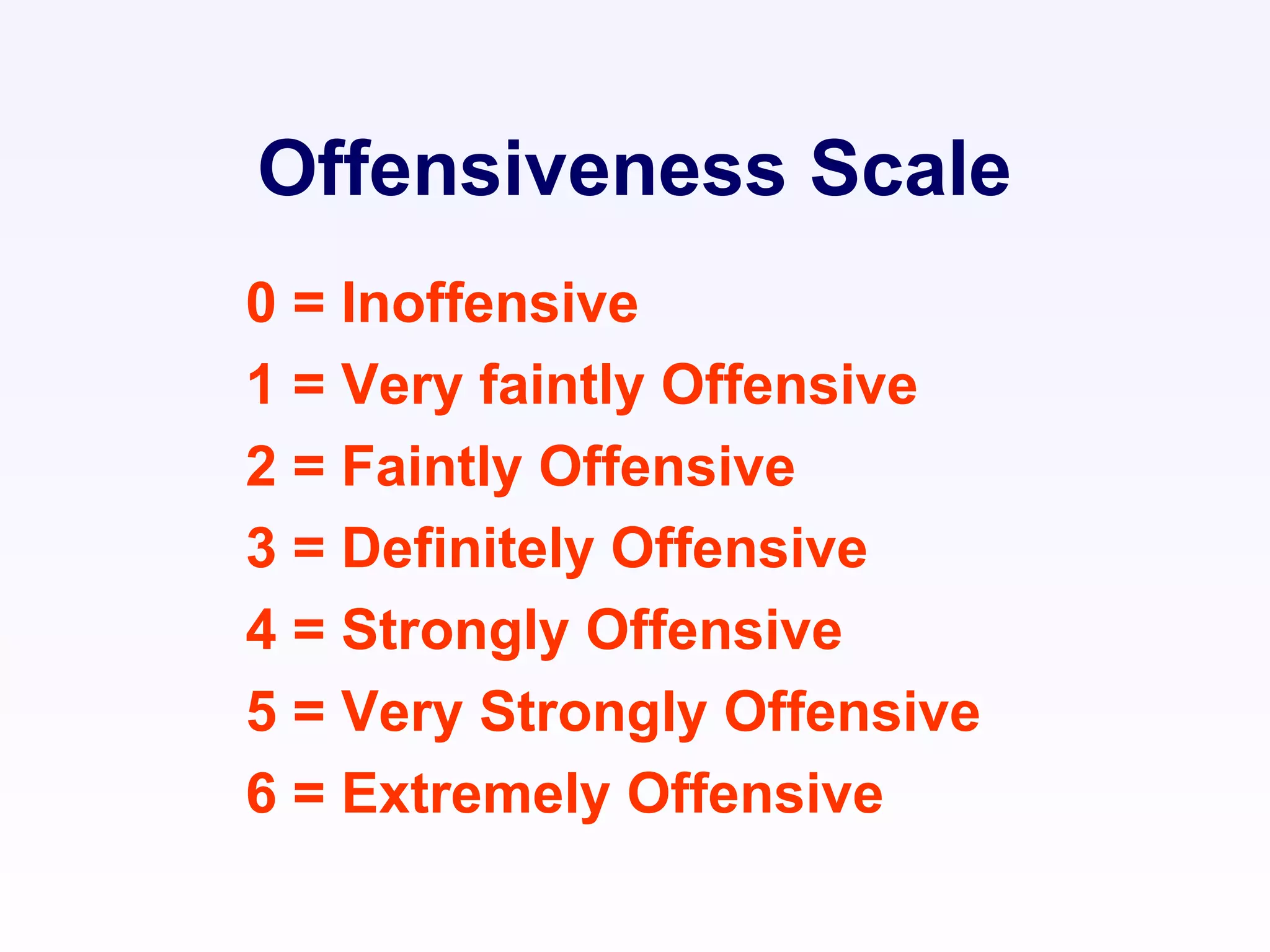 Offensiveness Scale
0 = Inoffensive
1 = Very faintly Offensive
2 = Faintly Offensive
3 = Definitely Offensive
4 = Strongly Offensive
5 = Very Strongly Offensive
6 = Extremely Offensive
 