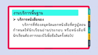 งานบริการพื้นฐาน
LIBRARY
SCIENCE
MATH
THAI
HISTORY
EXTRAS
➢ บริการหนังสือจอง
บริการที่ห้องสมุดจัดแยกหนังสือที่ครูผู้สอน
กาหนดให้นักเรียนอ่านประกอบ หรือหนังสือที่
นักเรียนต้องการจองไว้เพื่อยืมในครั้งต่อไป
 