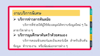 งานบริการพิเศษ
LIBRARY
SCIENCE
MATH
THAI
HISTORY
EXTRAS
➢ บริการข่าวสารทันสมัย
บริการที่ช่วยให้ผู้ใช้ห้องสมุดได้ทราบข้อมูลใหม่ ๆ ใน
สาขาวิชาต่าง ๆ
➢ บริการมุมศึกษาค้นคว้าด้วยตนเอง
บริการคอมพิวเตอร์และอินเทอร์เน็ต สาหรับสืบค้น
ข้อมูล ทารายงาน หรือพิมพ์เอกสารต่าง ๆ
 