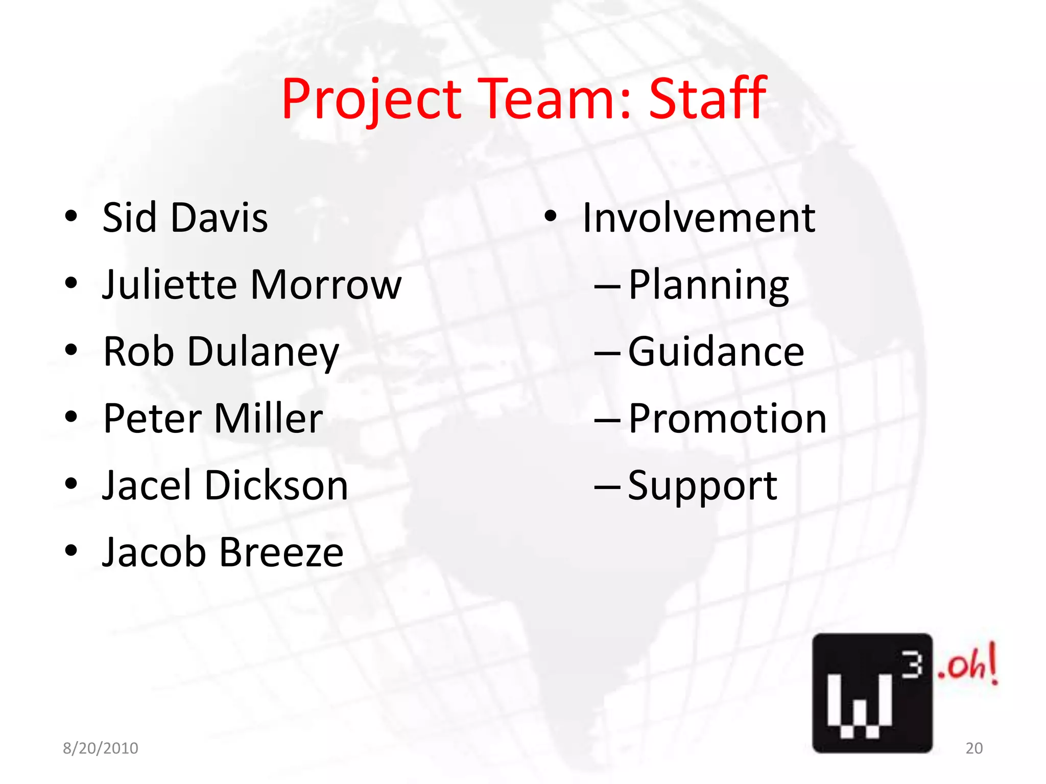 Project Team: StaffSid DavisJuliette MorrowRob DulaneyPeter MillerJacel DicksonJacob BreezeInvolvementPlanningGuidancePromotionSupport8/11/1020