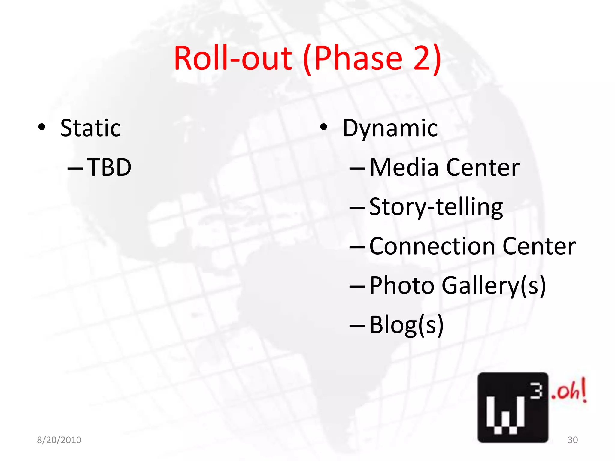 Roll-out (Phase 2)StaticTBDDynamicMedia CenterStory-tellingConnection CenterPhoto Gallery(s)Blog(s)8/11/1030