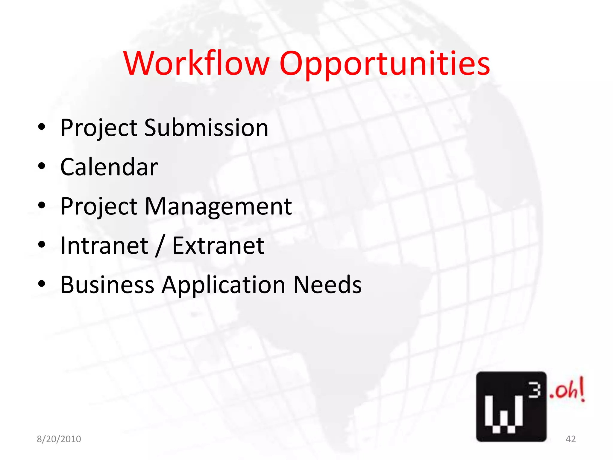 Workflow OpportunitiesProject SubmissionCalendarProject ManagementIntranet / ExtranetBusiness Application Needs8/11/1042