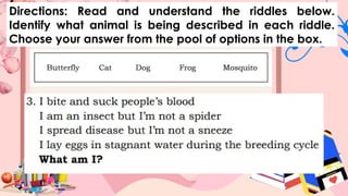 Directions: Read and understand the riddles below.
Identify what animal is being described in each riddle.
Choose your answer from the pool of options in the box.
 