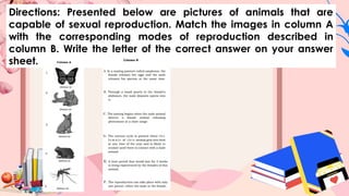Directions: Presented below are pictures of animals that are
capable of sexual reproduction. Match the images in column A
with the corresponding modes of reproduction described in
column B. Write the letter of the correct answer on your answer
sheet.
 