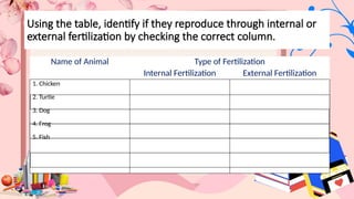 Using the table, identify if they reproduce through internal or
external fertilization by checking the correct column.
Name of Animal Type of Fertilization
Internal Fertilization External Fertilization
1. Chicken
2. Turtle
3. Dog
4. Frog
5. Fish
 