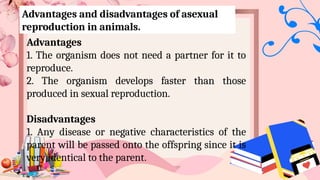 Advantages and disadvantages of asexual
reproduction in animals.
Advantages
1. The organism does not need a partner for it to
reproduce.
2. The organism develops faster than those
produced in sexual reproduction.
Disadvantages
1. Any disease or negative characteristics of the
parent will be passed onto the offspring since it is
very identical to the parent.
 