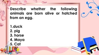 Describe whether the following
animals are born alive or hatched
from an egg.
1.duck
2. pig
3. horse
4. Maya
5. Cat
 