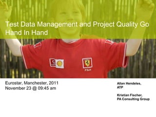 Allan Hendeles,
ATP
Kristian Fischer,
PA Consulting Group
Test Data Management and Project Quality Go
Hand In Hand
Eurostar, Manchester, 2011
November 23 @ 09:45 am
 