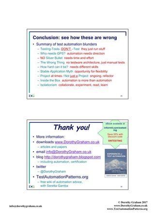 info@dorothygraham.co.uk
© Dorothy Graham 2017
www.DorothyGraham.co.uk
www.TestAutomationPatterns.org
29
Conclusion: see how these are wrong
• Summary of test automation blunders
– Testing-Tools- DON’T –Test they just run stuff
– Who needs GPS? automation needs direction
– NO Silver Bullet needs time and effort
– The Wrong Thing no testware architecture, just manual tests
– How hard can it be? needs different skills
– Stable Application Myth opportunity for flexibility
– Project at times / Not just a Project ongoing, refactor
– Inside the Box automation is more than automation
– Isolationism collaborate, experiment, read, learn
30
Thank you!
• More information:
• downloads www.DorothyGraham.co.uk
– articles and papers
• email info@DorothyGraham.co.uk
• blog http://dorothygraham.blogspot.com
– including automation, certification
• twitter
– @DorothyGraham
• TestAutomationPatterns.org
– free wiki of automation advice,
with Seretta Gamba
eBook available at
informit.com/swtest
ing
Save 35% with
discount code
SWTESTING
 