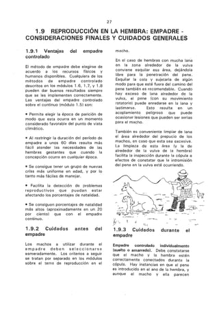 1.9 REPRODUCCIÓN EN LA HEMBRA: EMPADRE -
CONSIDERACIONES FINALES Y CUIDADOS GENERALES
1.9.1 Ventajas del empadre
controlado
El método de empadre debe elegirse de
acuerdo a los recursos físicos y
humanos disponibles. Cualquiera de los
métodos de empadre controlado
descritos en los módulos 1.6, 1.7, y 1.8
pueden dar buenos resultados siempre
que se les implementen correctamente.
Las ventajas del empadre controlado
sobre el continuo (módulo 1.5) son:
mi Permite elegir la época de parición de
modo que esta ocurra en un momento
considerado favorable del punto de vista
climático.
E Al restringir la duración del período de
empadre a unos 60 días resulta más
fácil atender las necesidades de las
hembras gestantes que cuando la
concepción ocurre en cualquier epoca.
ai Se consigue tener un grupo de nuevas
crías más uniforme en edad, y por lo
tanto más fáciles de manejar.
Facilita la detección de problemas
reproductivos que puedan estar
afectando los porcentajes de natalidad.
IM Se consiguen porcentajes de natalidad
más altos (aproximadamente en un 20
por ciento) que con el empadre
continuo.
1.9.2 Cuidados antes del
empadre
Los machos a utilizar durante el
empadre deben seleccionarse
esmeradamente. Los criterios a seguir
se tratan por separado en los módulos
sobre el tema de reproducción en el
27
macho.
En el caso de hembras con mucha lana
en la zona alrededor de la vulva
conviene esquilar esa área, dejándola
libre para la penetración del pene.
Esquilar la cola y sujetarla de algún
modo para que esté fuera del camino del
pene también es recomendable. Cuando
hay exceso de lana alrededor de la
vulva, el pene (con su movimiento
rotatorio) puede enredarse en la lana y
lastimarse. Esto resulta en un
acoplamiento peligroso que puede
ocasionar lesiones que pueden ser serias
para el macho.
También es conveniente limpiar de lana
el área alrededor del prepucio de los
machos, en caso que esta sea excesiva.
La limpieza de esta área (y la de
alrededor de la vulva de la hembra)
facilita la inspección durante la cópula a
efectos de constatar que la intromisión
del pene en la vulva esté ocurriendo.
(c,
1.9.3 Cuidados durante el
empadre
Empadre controlado individualmente
(suelto o amarrado). Debe constatarse
que el macho y la hembra estén
correctamente conectados durante la
cópula. Hay instancias en que el pene
es introducido en el ano de la hembra, y
aunque el macho y ella parecen
 