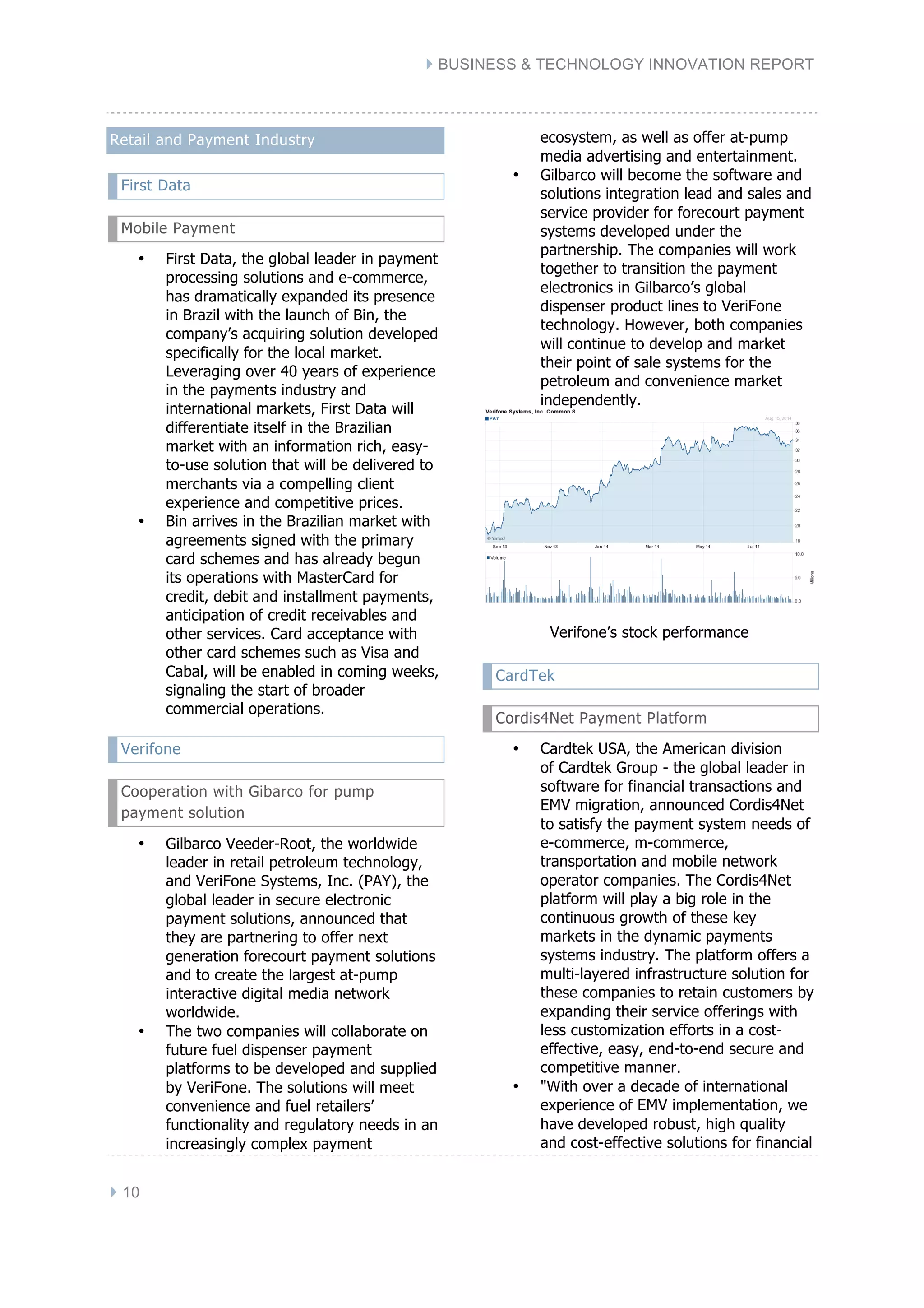 } BUSINESS & TECHNOLOGY INNOVATION REPORT
} 10
Retail and Payment Industry
First Data
Mobile Payment
• First Data, the global leader in payment
processing solutions and e-commerce,
has dramatically expanded its presence
in Brazil with the launch of Bin, the
company’s acquiring solution developed
specifically for the local market.
Leveraging over 40 years of experience
in the payments industry and
international markets, First Data will
differentiate itself in the Brazilian
market with an information rich, easy-
to-use solution that will be delivered to
merchants via a compelling client
experience and competitive prices.
• Bin arrives in the Brazilian market with
agreements signed with the primary
card schemes and has already begun
its operations with MasterCard for
credit, debit and installment payments,
anticipation of credit receivables and
other services. Card acceptance with
other card schemes such as Visa and
Cabal, will be enabled in coming weeks,
signaling the start of broader
commercial operations.
Verifone
Cooperation with Gibarco for pump
payment solution
• Gilbarco Veeder-Root, the worldwide
leader in retail petroleum technology,
and VeriFone Systems, Inc. (PAY), the
global leader in secure electronic
payment solutions, announced that
they are partnering to offer next
generation forecourt payment solutions
and to create the largest at-pump
interactive digital media network
worldwide.
• The two companies will collaborate on
future fuel dispenser payment
platforms to be developed and supplied
by VeriFone. The solutions will meet
convenience and fuel retailers’
functionality and regulatory needs in an
increasingly complex payment
ecosystem, as well as offer at-pump
media advertising and entertainment.
• Gilbarco will become the software and
solutions integration lead and sales and
service provider for forecourt payment
systems developed under the
partnership. The companies will work
together to transition the payment
electronics in Gilbarco’s global
dispenser product lines to VeriFone
technology. However, both companies
will continue to develop and market
their point of sale systems for the
petroleum and convenience market
independently.
Verifone’s stock performance
CardTek
Cordis4Net Payment Platform
• Cardtek USA, the American division
of Cardtek Group - the global leader in
software for financial transactions and
EMV migration, announced Cordis4Net
to satisfy the payment system needs of
e-commerce, m-commerce,
transportation and mobile network
operator companies. The Cordis4Net
platform will play a big role in the
continuous growth of these key
markets in the dynamic payments
systems industry. The platform offers a
multi-layered infrastructure solution for
these companies to retain customers by
expanding their service offerings with
less customization efforts in a cost-
effective, easy, end-to-end secure and
competitive manner.
• "With over a decade of international
experience of EMV implementation, we
have developed robust, high quality
and cost-effective solutions for financial
 