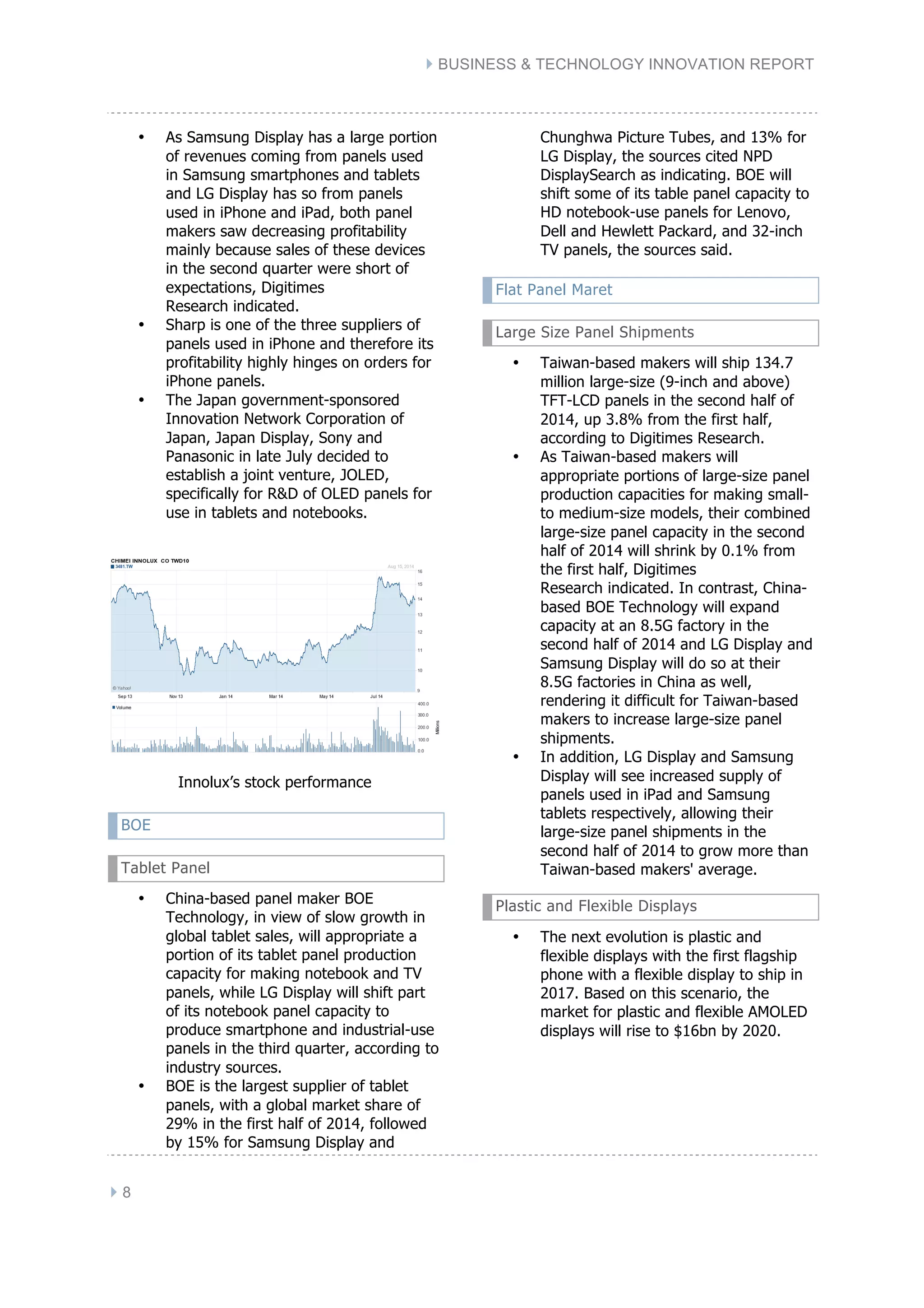 } BUSINESS & TECHNOLOGY INNOVATION REPORT
} 8
• As Samsung Display has a large portion
of revenues coming from panels used
in Samsung smartphones and tablets
and LG Display has so from panels
used in iPhone and iPad, both panel
makers saw decreasing profitability
mainly because sales of these devices
in the second quarter were short of
expectations, Digitimes
Research indicated.
• Sharp is one of the three suppliers of
panels used in iPhone and therefore its
profitability highly hinges on orders for
iPhone panels.
• The Japan government-sponsored
Innovation Network Corporation of
Japan, Japan Display, Sony and
Panasonic in late July decided to
establish a joint venture, JOLED,
specifically for R&D of OLED panels for
use in tablets and notebooks.
Innolux’s stock performance
BOE
Tablet Panel
• China-based panel maker BOE
Technology, in view of slow growth in
global tablet sales, will appropriate a
portion of its tablet panel production
capacity for making notebook and TV
panels, while LG Display will shift part
of its notebook panel capacity to
produce smartphone and industrial-use
panels in the third quarter, according to
industry sources.
• BOE is the largest supplier of tablet
panels, with a global market share of
29% in the first half of 2014, followed
by 15% for Samsung Display and
Chunghwa Picture Tubes, and 13% for
LG Display, the sources cited NPD
DisplaySearch as indicating. BOE will
shift some of its table panel capacity to
HD notebook-use panels for Lenovo,
Dell and Hewlett Packard, and 32-inch
TV panels, the sources said.
Flat Panel Maret
Large Size Panel Shipments
• Taiwan-based makers will ship 134.7
million large-size (9-inch and above)
TFT-LCD panels in the second half of
2014, up 3.8% from the first half,
according to Digitimes Research.
• As Taiwan-based makers will
appropriate portions of large-size panel
production capacities for making small-
to medium-size models, their combined
large-size panel capacity in the second
half of 2014 will shrink by 0.1% from
the first half, Digitimes
Research indicated. In contrast, China-
based BOE Technology will expand
capacity at an 8.5G factory in the
second half of 2014 and LG Display and
Samsung Display will do so at their
8.5G factories in China as well,
rendering it difficult for Taiwan-based
makers to increase large-size panel
shipments.
• In addition, LG Display and Samsung
Display will see increased supply of
panels used in iPad and Samsung
tablets respectively, allowing their
large-size panel shipments in the
second half of 2014 to grow more than
Taiwan-based makers' average.
Plastic and Flexible Displays
• The next evolution is plastic and
flexible displays with the first flagship
phone with a flexible display to ship in
2017. Based on this scenario, the
market for plastic and flexible AMOLED
displays will rise to $16bn by 2020.
 