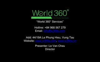 Presenter: Le Van Chau
Director
Hotline: +84 968 567 279
Email: info@w360s.com
Add: 44/19A Le Phung Hieu, Vung Tau
Website: www.w360s.com, www.w360s.vn
“World 360° Services”
 