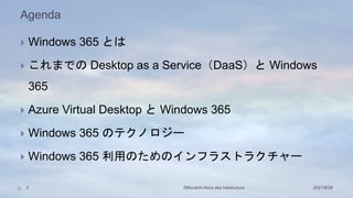 Agenda
 Windows 365 とは
 これまでの Desktop as a Service（DaaS）と Windows
365
 Azure Virtual Desktop と Windows 365
 Windows 365 のテクノロジー
 Windows 365 利用のためのインフラストラクチャー
2021/8/28
©Murachi Akira aka hebikuzure
5
 