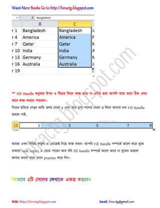 ** Fill Handle শুধ্ুমাত্র উপর ঑ নীক্চর টেক্ক কাজ কক্র না এটার দ্বারা অপটন বাক্ম র্াক্ন টিক এমন
ভাক্ব কাজ করক্ে পারক্বন।
টনক্চর ছটবক্ে পেখুন অটম ির্ম প঴ক্঱ ১ এবং োর র্ান পাক্লর প঴ক্঱ ৩ ট঱ক্খ অক্গর মে Fill Handle
করক্঱ পাআ,
অমরা এখন টবটভন্ন ফমুণ঱া ঑ পিাক্জক্ট টনক্য় কাজ করব। অপটন Fill Handle ঴ম্পক্কণ ভাক্঱া কক্র বুক্ঝ
র্াকক্঱ next topics এ পযক্ে পাক্রন অর যটে fill handle ঴ম্পক্কণ ভাক্঱া ভাক্ব না বুক্ঝন ো঵ক্঱
অবার ভাক্঱া কক্র পেক্খ practise কক্র টনন।
hiractg.blogspot.com
 