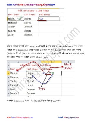 োরপর অমরা টকক্বার্ণ পর্ক্ক Ampersand টচহ্নটট & টেব, োরপর Inverted Comma টেব ঑ োর
টভেক্র একটট blank space টেব। অবাক্রা & টচহ্নটট টেব এবং Haque প঱খার উপক্র টিক করব।
(এখাক্ন অপটন যটে ব্লাঙ্ক পস্প঴ না পেন ো঵ক্঱ অপনার Full Name টট এআরকম ঵ক্ব MainulHaque,
যটে একটট পস্প঴ পেন ো঵ক্঱ এরকম Mainul Haque)
঴বক্লক্঳ Enter press করুন। Fill Handle টনক্চর টেক্ক Drag করুন।
hiractg.blogspot.com
 