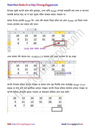 উপক্রর ঴ূত্রটা অপটন অলা কটর বুক্ঝক্ছন, এখন অটম Range ঴ম্পক্কণ কক্য়কটট কর্া ব঱ব যা অপনার
঄বলযআ জানক্ে ঵ক্ব; ো না ঵ক্঱ ঴ূক্ত্রর ঴টিক বযব঵ার করক্ে পারক্বন না।
অমরা উপক্র পেক্খটছ Range টক। এখন যটে অমরা টনক্চর ছটবর মে পকান Range এর টভের ঴ক঱
঴ংখার পযাগফ঱ পবর করক্ে চাআ েখন?
এখন অমরা যটে অক্গর মে =SUM(A1:C3) বযব঵ার কটর েখন ফ঱াফ঱ টক ঵য় পেখুন
অপটন উপক্রর ছটবক্ে পেখক্ে পাক্েন পয অমরা যখন ঴ূত্র ট঱ক্খটছ েখন কক্োটু কু Range Cover
঵ক্য়ক্ছ ো ঱া঱ মাকণ করা িানটটক্ে পেখক্ে পাক্েন! অপটন টনক্চর ছটবক্ে ফ঱াফ঱ পেখক্ে পাক্েন ো
অপটন টমট঱ক্য় পেখক্঱আ বুঝক্ে পারক্বন পয অমাক্ের কাটিে পযাগ কক্র ঵য়টন।
hiractg.blogspot.com
 