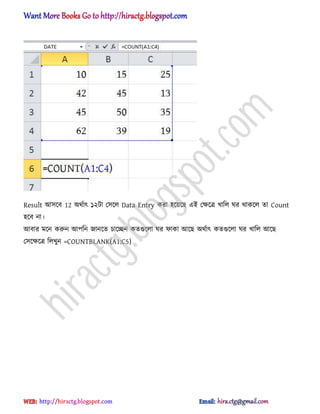 Result অ঴ক্ব 12 ঄র্ণাৎ ১২টা প঴ক্঱ Data Entry করা ঵ক্য়ক্ছ এআ পক্ষক্ত্র খাট঱ ঘর র্াকক্঱ ো Count
঵ক্ব না।
অবার মক্ন করুন অপটন জানক্ে চাক্েন কেগুক্঱া ঘর ফাকা অক্ছ ঄র্ণাৎ কেগুক্঱া ঘর খাট঱ অক্ছ
প঴ক্ক্ষক্ত্র ট঱খুন =COUNTBLANK(A1:C5)
hiractg.blogspot.com
 