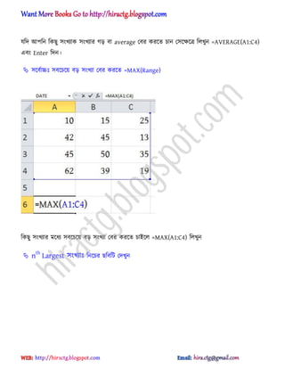 যটে অপটন টকছু ঴ংখযাক ঴ংখযার গে বা average পবর করক্ে চান প঴ক্ক্ষক্ত্র ট঱খুন =AVERAGE(A1:C4)
এবং Enter টেন।
 ঴ক্বণাচ্চঃ ঴বক্চক্য় বে ঴ংখযা পবর করক্ে =MAX(Range)
টকছু ঴ংখযার মক্ধ্য ঴বক্চক্য় বে ঴ংখযা পবর করক্ে চাআক্঱ =MAX(A1:C4) ট঱খুন
 nth
Largest ঴ংখযাঃ টনক্চর ছটবটট পেখুন
hiractg.blogspot.com
 