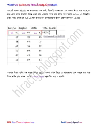 ির্ক্মআ অমরা Akash এর নম্বরগুক্঱া পযাগ কটর, টনশ্চয়আ অপনাক্ের পযাগ করার টনয়ম মক্ন অক্ছ, না
঵ক্঱ পযাগ করার ঴াধ্ারন টনয়ম গুক্঱া অর একবার পেক্খ টনন, ঴াক্র্ পযাগ করার Advanced টনয়মটা঑
পেক্খ টনন। ির্ক্ম পয Cell এ পযাগ করক্ে চান প঴খাক্ন টিক করুন োরপর ট঱খুন ― =SUM(
োরপর টনক্চর ছটবর মে অক্রা ট঱খুন B3:E3) ঄র্বা মাউ঴ টেক্য় পয ঴ংখযাগুক্঱া পযাগ করক্ে চান োর
উপর মাউ঴ ড্রাগ করুন। অটম =Sum(Range) ফমুণ঱াটটর ঴া঵াক্যয কক্রটছ।
hiractg.blogspot.com
 