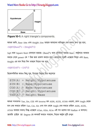 অমরা জাটন, Base 10m এবং Height 25m ো঵ক্঱ অমাক্ের ঄টেভু জ পবর করার জনয ঴ূত্র ঵ক্ব,
=SQRT((Base)^2 + (Height)^2)
Sqrt দ্বারা Square Root পবাঝাক্না ঵ক্য়ক্ছ। (Base)^2 দ্বারা পবাঝাক্না ঵ক্য়ক্ছ Base2
, ফমুণ঱াক্ে বযব঵ার
করক্ে পগক্঱ power পক ^ টচহ্ন দ্বারা িকাল করক্ে ঵ক্ব। অমাক্ের ঴ূত্রটট এক্েক্঱ ট঱খুন এবং Base,
Height এর মান টেক্য় টেন ো঵ক্঱ টনক্চর মে ঵ক্ব,
=SQRT((10)^2 + (25)^2)
টত্রক্কার্টমটের অর঑ টকছু ঴ূত্র, উপক্রর টত্রভু জ টচত্র ঄নু঴াক্র
অমরা ঴াধ্ারর্ে Tan, Sin, COS এর Inverse ঵঱ ASIN, ACOS, ATAN এগুক্঱া, পকান Angle পর্ক্ক
মান পবর করক্ে চাআক্঱ Tan, Cos, Sin এবং মান পর্ক্ক Angle পবর করক্ে চাআক্঱ ASIN, ACOS,
ATAN বযব঵ার করব। টকন্তু এক্েক্঱ ATan, ASin, ACos এআ ঴ব গুক্঱ার মান Radian এ অ঴ক্ব।
আপনি চাইল঱ তা Degree পে কনভাটণ করক্ে পারক্বন, টনক্চর ফমুণ঱া েুটট পেখুন
hiractg.blogspot.com
 