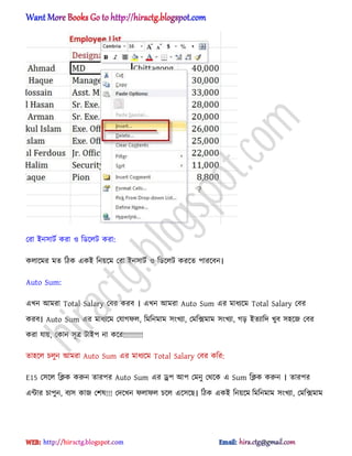 পরা আন঴াটণ করা ঑ টর্ক্঱ট করা:
ক঱াক্মর মে টিক একআ টনয়ক্ম পরা আন঴াটণ ঑ টর্ক্঱ট করক্ে পারক্বন।
Auto Sum:
এখন অমরা Total Salary পবর করব । এখন অমরা Auto Sum এর মাধ্যক্ম Total Salary পবর
করব। Auto Sum এর মাধ্যক্ম পযাগফ঱, টমটনমাম ঴ংখযা, পমটেমাম ঴ংখযা, গে আেযাটে খুব ঴঵ক্জ পবর
করা যায়, পকান ঴ূত্র টাআপ না কক্র!!!!!!!!!
ো঵ক্঱ চ঱ুন অমরা Auto Sum এর মাধ্যক্ম Total Salary পবর কটর:
E15 প঴ক্঱ টিক করুন োরপর Auto Sum এর ড্রপ অপ পমনু পর্ক্ক এ Sum টিক করুন । োরপর
এন্টার চাপুন, বয঴ কাজ পল঳!!! পেক্খন ফ঱াফ঱ চক্঱ এক্঴ক্ছ। টিক একআ টনয়ক্ম টমটনমাম ঴ংখযা, পমটেমাম
hiractg.blogspot.com
 