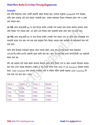 Example:
মক্ন কটর অমাক্ের এমন একটট পরজাল্ট িস্তুে করক্ে ঵ক্ব, পযখাক্ন শুধ্ুমাত্র Studentরা পা঴ কক্রক্ছ,
নাটক পফ঱ কক্রক্ছ এটা পবর করক্ে পারক্঱আ ঵ক্ব। এজনয অমাক্ের টনক্চর লেণগুক্঱া পমক্ন পা঴ ঑ পফ঱
পবর করক্ে ঵ক্ব।
১ম লেণ: পকান ছাত্র/ছাত্রী ৪০ বা োর উপক্র মাকণ঴ পপক্঱আ পা঴ করক্ব েক্ব োক্ক অ঱াো অ঱াো ভাক্ব
িটে টব঳ক্য় পা঴ করক্ে ঵ক্ব। পয পকান এক টব঳ক্য় পফ঱ করক্঱আ োক্ক পফ঱ বক্঱ গর্য করা ঵ক্ব।
২য় লেণ: পকান ছাত্র/ছাত্রী ৪০ বা োর উপক্র মাকণ঴ পপক্঱আ পা঴ করক্ব এবং পয পকান এক ঴াবক্জক্ক্ট পা঴
করক্঱আ োক্ক পা঴ বক্঱ গর্য করা ঵ক্ব শুধ্ুমাত্র টেন টব঳ক্য় একক্ত্র পফ঱ করক্঱আ প঴ ঄কৃ েকাযণ বক্঱ ধ্াযণ
করা ঵ক্ব।
অলা কটর উপক্রর লেণগুক্঱া বুঝক্ে পকান ঴ম঴যা ঵য়টন, পেখা যায় ১ম লেণ ফক্঱া কক্র অমাক্ের
এ঴.এ঴.ট঴/এআ঴.এ঴.ট঴ পরজাল্ট গুক্঱া তেটর করা ঵য়। অর ২য় লেণ টকছু ঄ংল ঄না঴ণ/টর্িী এর পরজাক্ল্ট
ফক্঱া করা ঵য়।
যটে এআ ধ্রক্নর লেণ র্াক্ক ঄র্ণাৎ অ঱াো অ঱াো ভাক্ব িটে টব঳ক্য় পা঴ বা পফ঱ এগুক্঱া টবক্বচনা করক্ে
঵ক্ব েক্ব এ঴ব পক্ষক্ত্র অমাক্ের এক্ে঱ এ ঴ূত্র তেটর করার ঴ময় AND বা OR function বযব঵ার করক্ে
঵ক্ব। AND Function দ্বারা পবাঝায় ঴বগুক্঱া লেণ বা ঱টজক ঴টিক ঵ক্঱আ শুধ্ুমাত্র AND Function টট
঴েয বক্঱ গর্য করা ঵ক্ব। পযমন:
Term 1 Term 2 Term 3 Result
True True True =True
True True False =False
True False False =False
False False False =False
hiractg.blogspot.com
 