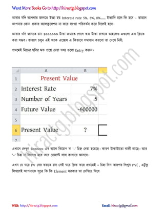অবার যটে অপনার জানক্ে আো ঵য় Interest rate 5%, 6%, 8%’’ আেযাটে ঵ক্঱ টক ঵ক্ব – ো঵ক্঱
অপনার পকান িকার কযা঱কু ক্঱লন না কক্র ঴ংখযা পটরবেণন কক্র টেক্঱আ ঵ক্ব।
অবার যটে জানক্ে চান ১০০০০০০ টাকা জমাক্ে পগক্঱ কে টাকা রাখক্ে ো঵ক্঱঑ এগুক্঱া এক টিক্ক
করা ঴ম্ভব। ো঵ক্঱ চ঱ুন এআ ঄ংক এক্ে঱ এ টকভাক্ব ঴মাধ্ান করক্বা ো পেক্খ টনআ:
ির্ক্মআ টনক্চর ছটবর মে িক্শ্ন পেয়া ের্য গুক্঱া Entry করুন।
এখাক্ন পেখুন ৬০০০০০ এর অক্গ টবক্য়াগ বা ‘-‘ টচহ্ন পেয়া ঵ক্য়ক্ছ। কারর্ টাকাটাক্ো বাকী অক্ছ। অর
‘–‘ টচহ্ন না টেক্঱঑ ঵ক্ব েক্ব পরজাল্ট ঱া঱ কা঱াক্র অ঴ক্ব।
এখন পয ঘক্র PV পবর করক্ে চান প঴আ ঘক্র টিক কক্র ির্ক্মআ = টচহ্ন টেন োরপর ট঱খুন PV( , এটু কু
ট঱খক্঱আ অপনাক্ক ঴ূক্ত্র টক টক Element েরকার ো পেটখক্য় টেক্ব
hiractg.blogspot.com
 