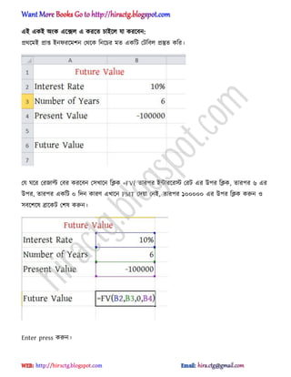এআ একআ ঄ংক এক্ে঱ এ করক্ে চাআক্঱ যা করক্বন:
ির্ক্মআ িাপ্ত আনফরক্মলন পর্ক্ক টনক্চর মে একটট পটটব঱ িস্তুে কটর।
পয ঘক্র পরজাল্ট পবর করক্বন প঴খাক্ন টিক =FV( োরপর আন্টারক্রস্ট পরট এর উপর টিক, োরপর ৬ এর
উপর, োরপর একটট ০ টেন কারর্ এখাক্ন PMT পেয়া পনআ, োরপর ১০০০০০ এর উপর টিক করুন ঑
঴বক্লক্঳ ব্রাক্কট পল঳ করুন।
Enter press করুন।
hiractg.blogspot.com
 