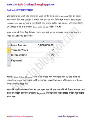 Goal Seek পকন বযব঵ার করক্বন?
মক্ন করুন অপটন একটট বাটে করক্ে চান এজনয অপটন বযাংক পর্ক্ক ৫০০০০০০ টাকা ঋর্ টনক্বন।
এখন অপটন টচন্তা কক্র পেখক্঱ন পয অপটন মাক্঴ ৫০০০০ টাকা টকটস্ত টেক্ে পারক্বন, ধ্রুন বযাংক্কর
Interest rate ১২% এক্ক্ষক্ত্র অপনার টাকাটা পলাধ্ করক্ে কেটেন ঴ময় েরকার? এআ ধ্রক্নর টনটেণষ্ট
পকান টব঳ক্য় জানার জনয ঴াধ্ারর্ে Goal Seek option বযব঵ার করা ঵য়।
অমরা এখন এআ টব঳ক্য় টকছু উো঵রর্ পেখক্বা অলা কটর এরপর অপনাক্ের পকান ঴ক্ন্দ঵ র্াকক্ব না।
টনক্চর মে একটট লীট তেটর করুন।
অক্গর Future Value Of Money পবর করার ঄ধ্যাক্য় অটম অপনাক্ের ঴াক্র্ PV পবর করার ঴ূত্র
পেটখক্য়টছ঱াম এখাক্ন PMT নামক একটট ঄পলন টছ঱। অমরা আো করক্঱ এটট বযব঵ার কক্র উপক্রর
঴ম঴যার ঴মাধ্ান করক্ে পাটর।
এখন যটে অপটন ৫০০০০০০ টাকা ঋর্ পনন, ঴ুক্ের ঵ার যটে ১২% এবং যটে এআ টাকার ১৫ বছক্র পলাধ্
করক্ে ঵য় ো঵ক্঱ অপনাক্ক িটেমাক্঴র Payment পবর করার জনয টনক্চর ছটবক্ে পেখাক্না ঴ূত্র বযব঵ার
করক্ে ঵ক্ব।
hiractg.blogspot.com
 