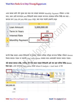 এখন অমরা জাটন যটে ঴ুক্ের ঵ার কক্ম যায় ো঵ক্঱ অমাক্ের Monthly Payment পটরমান ঑ কক্ম
যাক্ব, ধ্রুন পকউ অপনাক্ক ১০% আন্টাক্রস্ট ঄ফার করক্঱া অপনার প঴ক্ক্ষক্ত্র মাট঴ক টকটস্ত কে ঵ক্ব –
জানক্ে চান? ১২% পক ১০% কক্র Enter চাপুন, অর ঴াক্র্ ঴াক্র্আ পরজাল্ট পেখুন
অপটন আো করক্঱ এভাক্ব আন্টাক্রস্ট বা ঴মক্য়র পটরমার্ কটমক্য় বাটেক্য় অপনার টকটস্তর পটরমার্ ৫০০০০
টাকায় অনক্ে পাক্রন বা ঴রা঴টর Goal Seek Option বযব঵ার কক্র একবাক্রআ ঴মাধ্ান করক্ে পাক্রন।
ধ্টর অমরা জানক্ে চাটে, ঴বটকছু যটে টিক র্াক্ক ো঵ক্঱ আন্টাক্রস্ট পরট কে ঵ক্঱ মাট঴ক টকটস্ত ৫০০০০
টাকা ঵ক্ব। এখন অপনারা Data menu পর্ক্ক What-If Analysis > Goal Seek এ যান
hiractg.blogspot.com
 