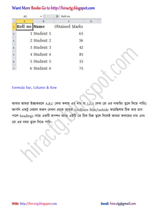 Formula bar, Column & Row
অবার অমরা আোকরক্঱ A,B,C প঱খা ক঱াম এর নাম বা 1,2,3 প঱খা পরা এর নাম্বাটরং েু ক্঱ টেক্ে পাটর।
অপটন একটু পখয়া঱ করুন পযখান পর্ক্ক অমরা Gridlines hide/unhide কক্রটছ঱াম টিক োর র্ান
পাক্ল headings নাক্ম একটট ঄পলন অক্ছ এআটট পে টিক টচহ্ন েু ক্঱ টেক্঱আ অমরা ক঱াক্মর নাম এবং
পরা এর নম্বর েু ক্঱ টেক্ে পাটর।
hiractg.blogspot.com
 