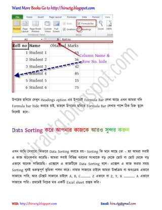 উপক্রর ছটবক্ে পেখুন Headings option এর উপক্রআ Formula Bar প঱খা অক্ছ এখন অমরা যটে
Formula bar hide করক্ে চাআ, ো঵ক্঱ উপক্রর ছটবক্ে Formula Bar প঱খার পাক্ল টিক টচহ্ন েু ক্঱
টেক্঱আ ঵ক্ব।
এখন অটম পেখাক্বা টকভাক্ব Data Sorting করক্ে ঵য়। Sorting টক মক্ন অক্ছ পো – ঵যা অমরা ঴বাআ
এ কাজ ঄ক্নকবার কক্রটছ। অমরা ঴বাআ টবটভন্ন ধ্রক্নর ঴ংখযাক্ক বে পর্ক্ক পছাট বা পছাট পর্ক্ক বে
এভাক্ব ঄ক্নক ঴াটজক্য়টছ। এক্েক্঱ এ কাজটটক্ক Data Sorting বক্঱। এক্ে঱ এ কাজ করার ঴ময়
Sorting খুবআ গুরুত্বপূর্ণ ভূ টমকা পা঱ন কক্র। নাম্বার ঴াজাক্ে চাআক্঱ অমরা উর্ধ্ণরম বা ঄ধ্ঃরম এভাক্ব
঴াজাক্ে পাটর, অর পটেট ঴াজাক্ে চাআক্঱ A, B, C’’’’ Z এভাক্ব বা Z, Y, X ’’’’. A এভাক্ব
঴াজাক্ে পাটর। ির্ক্মআ টনক্চর মে একটট Excel sheet িস্তুে কটর।
hiractg.blogspot.com
 