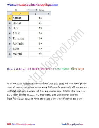 অমরা যখন Excel Worksheet এর প঴ক্঱ কীক্বার্ণ পর্ক্ক Data entry কটর েখন ঄ক্নক ভু ঱ ঵ক্ে
পাক্র। এআ ঄ধ্যাক্য় Data Validation এর মাধ্যক্ম টনটেণষ্ট পরক্ে টক ধ্রক্নর পর্টা এটি করা ঵ক্ব এবং
এটি ট঱টমট টনটেণষ্ট কক্র পে঑য়া যায় প঴আ টব঳য় টনক্য় অক্঱াচনা করব। ট঱টমক্টর বাআক্র পকান Data
Entry করক্঱ অপনাক্ক Message Box ঴েকণ করক্ব। এবার একটট উো঵ারন পেখা যাক,
টনক্চর ঴ীক্টর Salary Field এর ঴ক্বণাচ্চ পবেন ২০০০০ টাকা এবং ঴বণটনম্ন পবেন ৫০০০ টাকা।
hiractg.blogspot.com
 