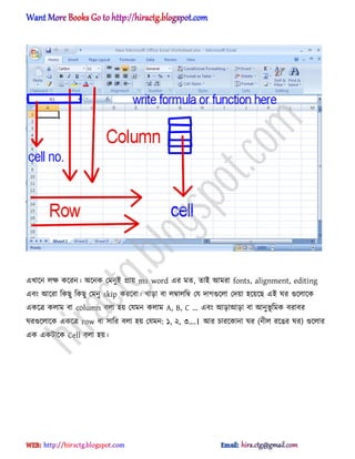 এখাক্ন ঱ক্ষ কক্রন। ঄ক্নক পমনুআ িায় ms word এর মে, োআ অমরা fonts, alignment, editing
এবং অক্রা টকছু টকছু পমনু skip করক্বা। খাো বা ঱ম্বা঱টম্ব পয োগগুক্঱া পেয়া ঵ক্য়ক্ছ এআ ঘর গুক্঱াক্ক
একক্ত্র ক঱াম বা column ব঱া ঵য় পযমন ক঱াম A, B, C ’ এবং অোঅো বা অনুভূ টমক বরাবর
ঘরগুক্঱াক্ক একক্ত্র row বা ঴াটর ব঱া ঵য় পযমন: ১, ২, ৩’.। অর চারক্কানা ঘর (নী঱ রক্ঙর ঘর) গুক্঱ার
এক একটাক্ক Cell ব঱া ঵য়।
hiractg.blogspot.com
 
