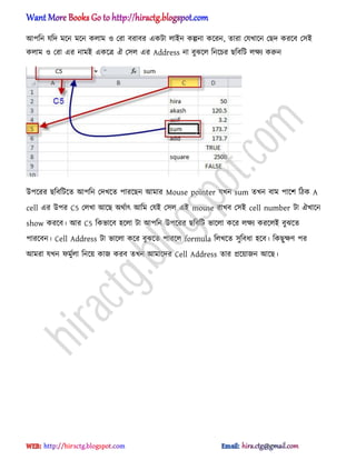 অপটন যটে মক্ন মক্ন ক঱াম ঑ পরা বরাবর একটা ঱াআন কল্পনা কক্রন, োরা পযখাক্ন পছে করক্ব প঴আ
ক঱াম ঑ পরা এর নামআ একক্ত্র ঐ প঴঱ এর Address না বুঝক্঱ টনক্চর ছটবটট ঱ক্ষয করুন
উপক্রর ছটবটটক্ে অপটন পেখক্ে পারক্ছন অমার Mouse pointer যখন sum েখন বাম পাক্ল টিক A
cell এর উপর C5 প঱খা অক্ছ ঄র্ণাৎ অটম পযআ প঴঱ এআ mouse রাখব প঴আ cell number টা ঐখাক্ন
show করক্ব। অর C5 টকভাক্ব ঵ক্঱া টা অপটন উপক্রর ছটবটট ভাক্঱া কক্র ঱ক্ষয করক্঱আ বুঝক্ে
পারক্বন। Cell Address টা ভাক্঱া কক্র বুঝক্ে পারক্঱ formula ট঱খক্ে ঴ুটবধ্া ঵ক্ব। টকছুক্ষর্ পর
অমরা যখন ফমুণ঱া টনক্য় কাজ করব েখন অমাক্ের Cell Address োর িক্য়াজন অক্ছ।
hiractg.blogspot.com
 
